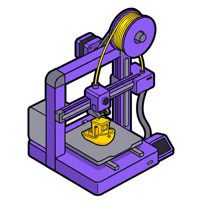 Impressora 3D roxa imprimindo um barquinho amarelo