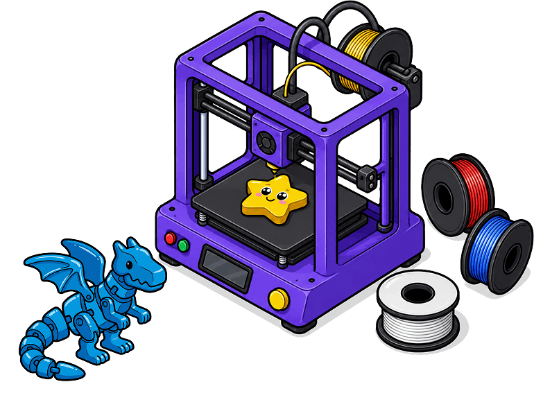 Impressora 3D roxa com dragão articulado e carretéis de filamento